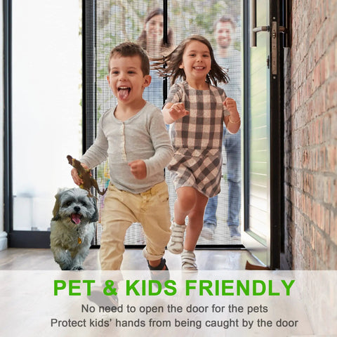 Heavy Duty Magnetic Screen Door for 32x80 Openings Fits 34x81 Screen with kids and pet passing through, black mesh visible