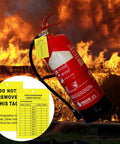 Top Shelf 50 Pack Fire Extinguisher Inspection Tags With Four Year Monthly Record Log on red fire extinguisher and flames.