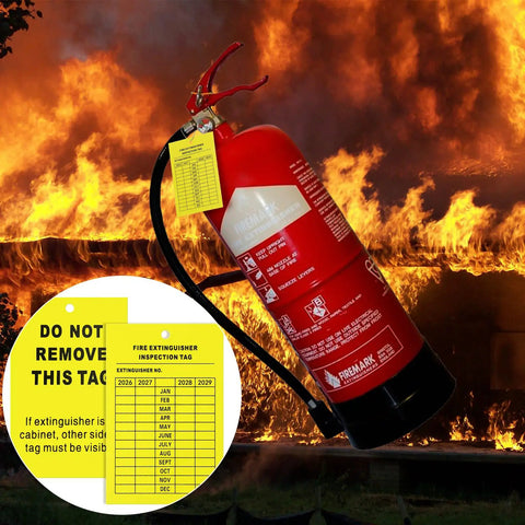 Top Shelf 50 Pack Fire Extinguisher Inspection Tags With Four Year Monthly Record Log on red fire extinguisher and flames.
