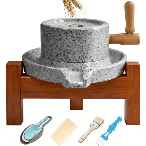Hand Crank Stone Grain Mill With Red Oak Frame For Home Use, Manual Flour Grinder That Grinds Wheat, Nuts, And Spices, Complete Kit
