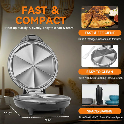 Bakers Friend Electric Quesadilla Maker 9.5 Inch showing non-stick cooking plate, six wedges, and compact vertical storage.