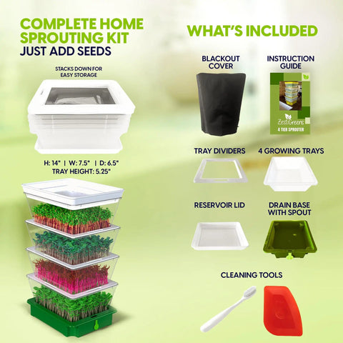 4 Tier Sprouting Kit With Stackable Trays And Drain Spout For Home Sprouts, Grows Fresh Sprouts In 3 To 5 Days, includes accessories