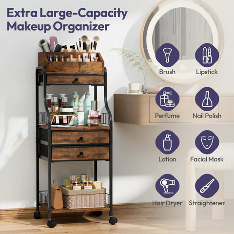 Rolling Makeup Organizer Cart With Wheels For Floor Skincare Storage, Non Woven Drawers, Vanity Organizer And Cosmetic Display Cabinet Holds Cosmetics, Perfume, Nail Polish, Hair Tools And Brushes in black with wood accents.