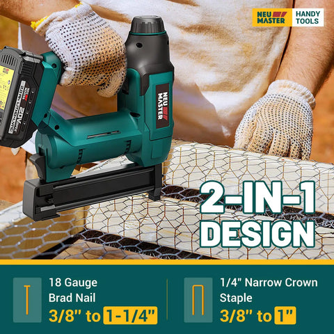 Cordless 2 In 1 Nail Gun And Staple Gun Kit With 20V Battery And Charger 18 Gauge Brad Nailer close-up on tool in use with 18 gauge brad nail.