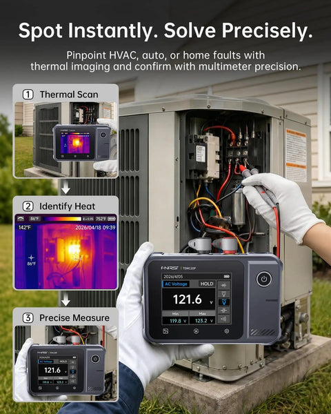 2 In 1 Thermal Imaging Multimeter used for HVAC repair with 19999 Counts TRMS Readings and 120x90 Infrared Camera displayed
