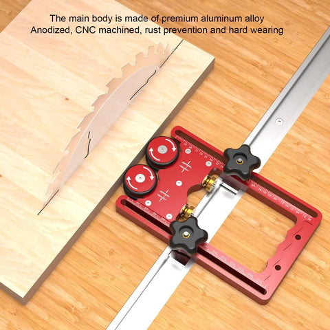 CNC Machined Aluminum Alloy Double Wheel Bearing Roller Features Wide Nonskid Rubber Wheels on table saw with wood.