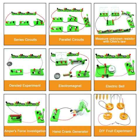 Hands-On Basic Electricity And Magnetism Discovery Kit for High School with circuit and magnetism experiments layout.