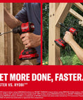 Compact Brushless Cordless Drill And Impact Driver Combo Kit Featuring Dual Amp Batteries And Rapid Charger Pro Grade High Torque Power Tools in use on wood