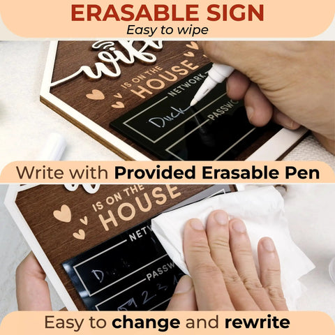 Guest WiFi Sign For Home And Small Business, Erasable Wooden WiFi Password Board in use with erasable pen and cloth