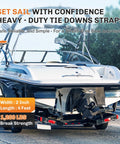 Heavy Duty Boat Trailer Transom Tie Down Straps 1200 Lbs Capacity securing boat, visible adjustable strap and buckle