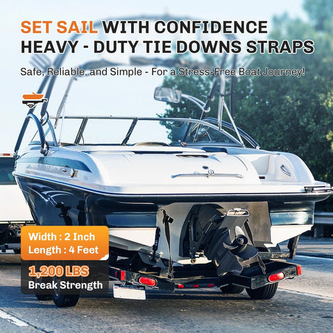 Heavy Duty Boat Trailer Transom Tie Down Straps 1200 Lbs Capacity securing boat, visible adjustable strap and buckle