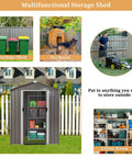 Outdoor Metal Tool Shed 5x3x6 Ft With Lockable Door And Side Window Waterproof Steel Garden Storage Shed For Backyard Patio And Lawn shown in various uses including garbage, pet, and utility storage with lawn area.