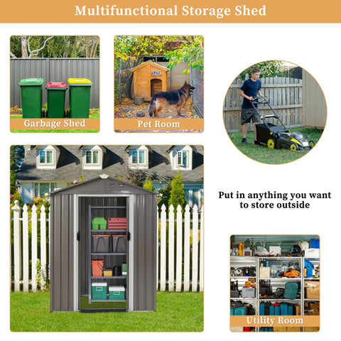 Outdoor Metal Tool Shed 5x3x6 Ft With Lockable Door And Side Window Waterproof Steel Garden Storage Shed For Backyard Patio And Lawn shown in various uses including garbage, pet, and utility storage with lawn area.