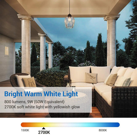 Cozy outdoor seating area illuminated with Outdoor Dusk To Dawn LED A19 Light Bulbs Pack 9W 60W Equivalent 2700K Warm White.