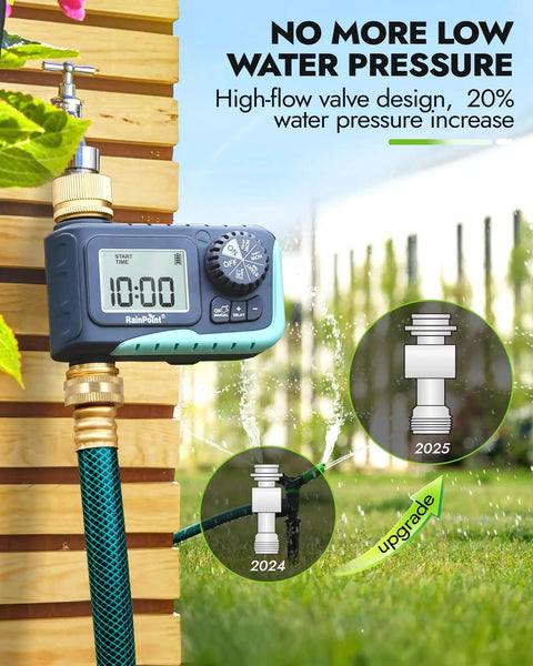 Brass Inlet And Outlet Sprinkler Timer With Rain Delay Programmable Hose Timer attached to a garden faucet.
