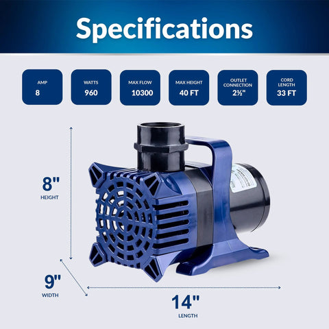 Alpine 10300 GPH submersible pond pump, blue plastic housing with handle and 33 ft cord, for ponds and fountains.