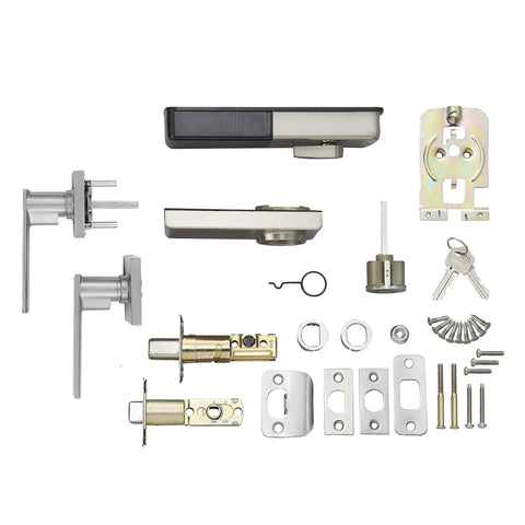 Electronic Touchscreen Deadbolt With Keypad Lock And Passage Lever Satin Nickel Finish Keyless Entry components laid out