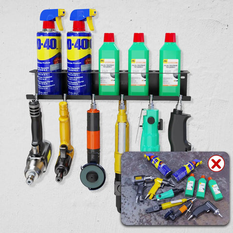 Heavy Duty Wall Mounted Pneumatic Tool Rack And Spray Can Organizer Combo Featuring Six Tough Air Tool Slots Plus Five Secure Aerosol Holder Bays with tools and spray cans.