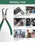 7 Inch Snap Ring Pliers Set For Internal And External Circlips, 4Pcs With Straight And 90 Degree Bent Jaws displayed with various uses