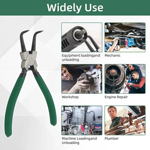 7 Inch Snap Ring Pliers Set For Internal And External Circlips, 4Pcs With Straight And 90 Degree Bent Jaws displayed with various uses