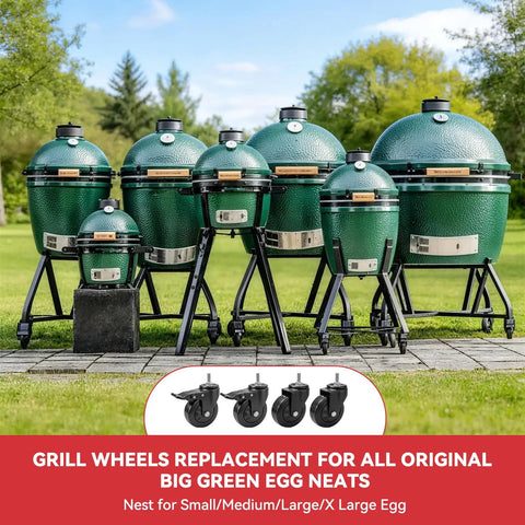 Four Inch Swivel And Locking Stem Caster Wheels With Plate For Green Egg Rolling Carts Replacement Parts displayed with grills