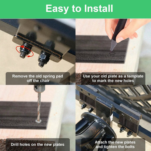 Installation steps for Heavy Duty Patio Chair Spring Plate Replacement Kit For Universal Swivel Rockers With Fiberglass Base Pads.
