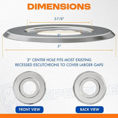 Chrome Extension Trim Ring For Recessed Fire Sprinkler Escutcheons showing dimensions 2-7/8" inner and 5" outer diameters.