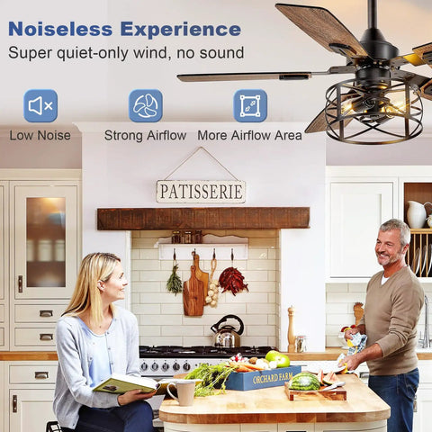 Rustic 42-Inch Farmhouse Ceiling Fan With Cage Light And Remote Dual Finish Black Walnut Blades Noiseless in kitchen setting