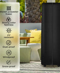 Beefed Up Weatherproof Tower Patio Heater Cover beside feature list with protective benefits in outdoor setting