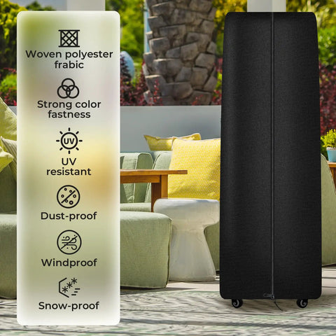 Beefed Up Weatherproof Tower Patio Heater Cover beside feature list with protective benefits in outdoor setting