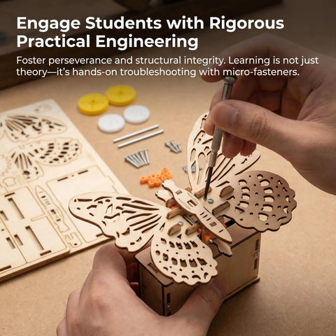 DIY Wooden Butterfly Gear Kit For STEM Learning And Physics Teaching Cool Hands On Classroom Demonstration Tool Biomimicry Mechanics Gear Train Building Project For Homeschool Resources, precision-cut butterfly assembly in progress