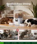 Slick Dual Pet Feeder For Cats And Dogs With Slow Feed Dispenser Programmable Timer handles 6 meals daily with 18.7 inch safe distance.