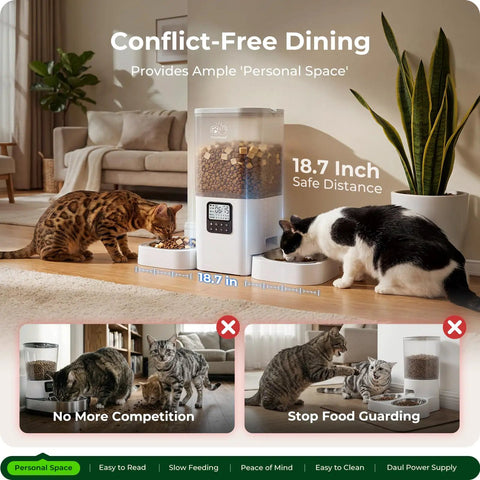 Slick Dual Pet Feeder For Cats And Dogs With Slow Feed Dispenser Programmable Timer handles 6 meals daily with 18.7 inch safe distance.