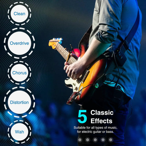 Musician playing guitar with Silent Practice Headphone Amp for Electric Guitar and Bass, showcasing 5 effects like chorus and wah.