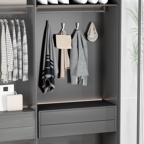 Heavy Duty Wall Mount Coat Hooks Set, Metal Hangers For Hanging Clothes, Backpacks, Bags, Towels And Jackets, Strong 30 Lb Hold Closet Hangers, White, 4 Pack, Durable Space Saving Organizer used in gray closet.