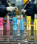 Colorful heat shrink bullet connectors, AWG 22-10, in wet industrial setting; part of Heat Shrink Bullet Connectors Kit With Crimping Tool, 110 Pcs Waterproof Female And Male Connectors 22-10 AWG For Automotive Boat Stereo And Industrial Equipment.