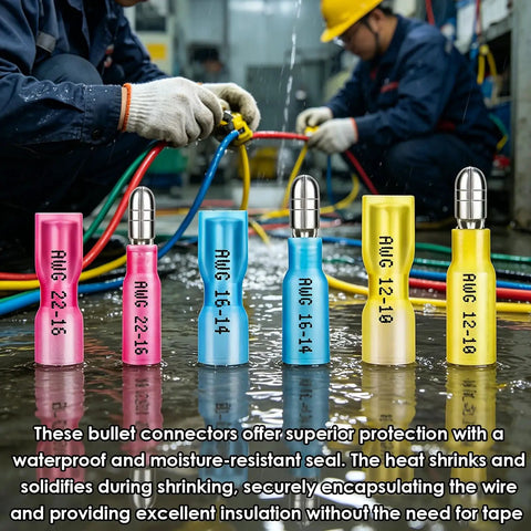 Colorful heat shrink bullet connectors, AWG 22-10, in wet industrial setting; part of Heat Shrink Bullet Connectors Kit With Crimping Tool, 110 Pcs Waterproof Female And Male Connectors 22-10 AWG For Automotive Boat Stereo And Industrial Equipment.