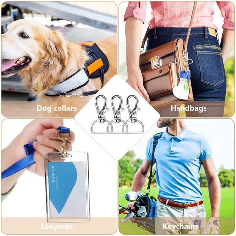 100 Piece Hardcore Swivel Keychain Clips With D Rings And Lobster Clasps 24mm Snap Hooks In Eight Bold Colors for dog collars, bags, and keychains.