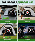 All In One Golf Practice Net Set 10 By 7 Foot With Tri Turf Mat shown in various locations including garage, indoor, backyard, balcony.