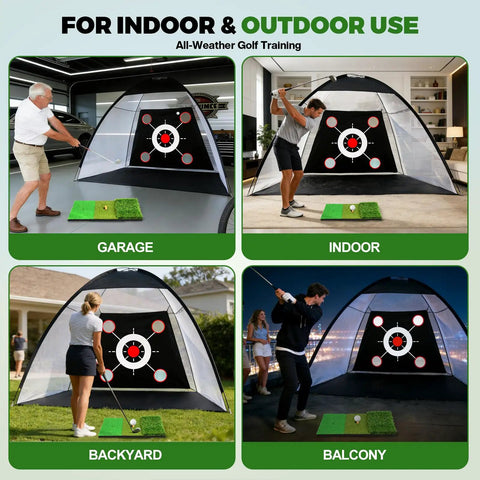 All In One Golf Practice Net Set 10 By 7 Foot With Tri Turf Mat shown in various locations including garage, indoor, backyard, balcony.
