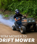 Person drifting on a modified mower in the forest