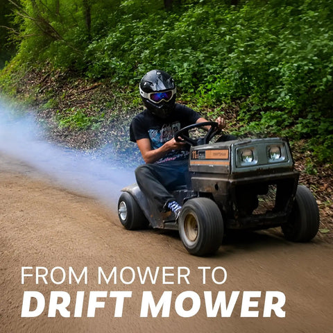 Person drifting on a modified mower in the forest