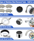 Snag This Faucet Aerator Replacement Kit With Six Stainless Removal Keys For Kitchen And Bathroom Fixtures Universal 32 Piece Internal And External Thread Repair Set M16.5 To M24, showing all three types of stainless steel tools.