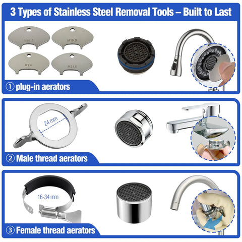Snag This Faucet Aerator Replacement Kit With Six Stainless Removal Keys For Kitchen And Bathroom Fixtures Universal 32 Piece Internal And External Thread Repair Set M16.5 To M24, showing all three types of stainless steel tools.