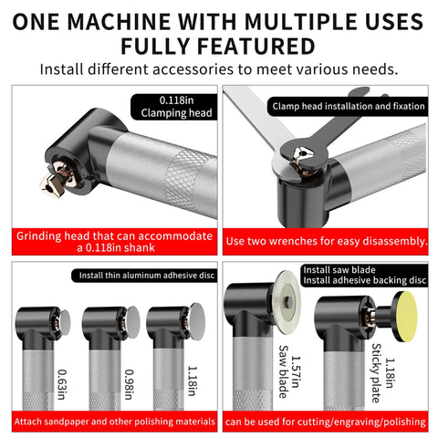 Multi-Purpose Electric Die Grinder Kit with 6 variable speeds, showing various accessories and their uses.