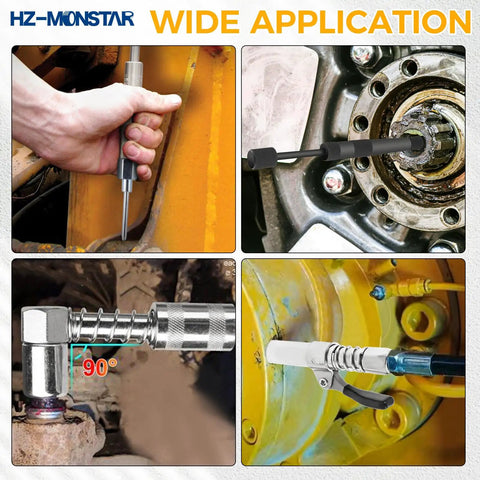 Grease Gun Accessory Kit With 90 Degree Coupler One Eighth Inch Fittings Needle Nozzles Sleeves And A 12 Inch Hose in use on machinery