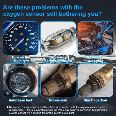 Image highlighting common oxygen sensor issues like fault lights and leaks, relevant to Upstream O2 Oxygen Sensor For Front Right 2001 To 2003 Toyota Rav4 2.0L.