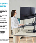 Avlt Electric Standing Desk Converter Fits Triple 32 Inch Monitors in home office with dual tier layout and keyboard tray.