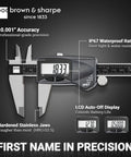 8 Inch Digital Caliper With IP67 Stainless Steel Build, display showing measurements, detailed specs, and precision features.