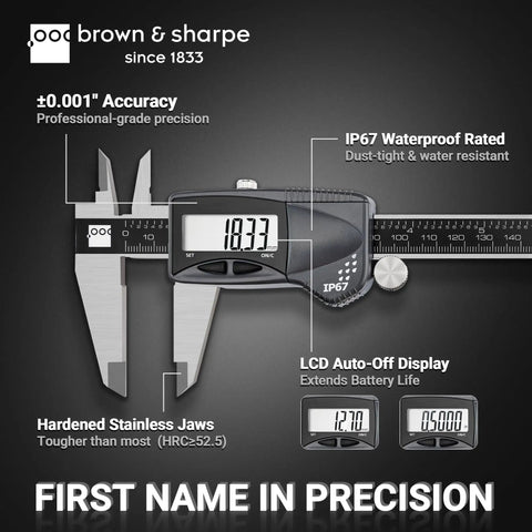 8 Inch Digital Caliper With IP67 Stainless Steel Build, display showing measurements, detailed specs, and precision features.